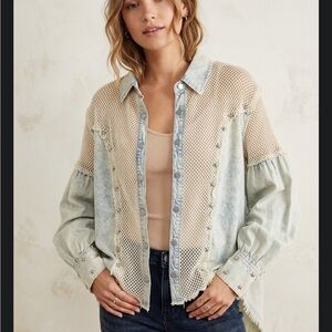 POL Light Wash Denim and Cream Mesh Button-Down Shirt NWT